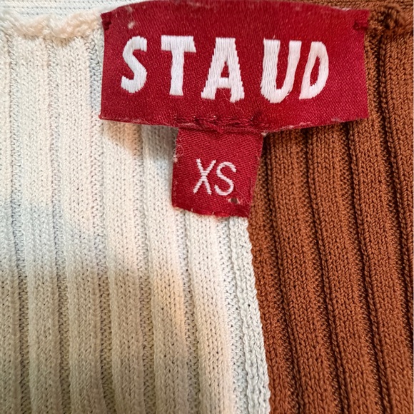 STAUD Long Sleeve Ribbed Dress in Cream and Brown - Picture 2 of 7